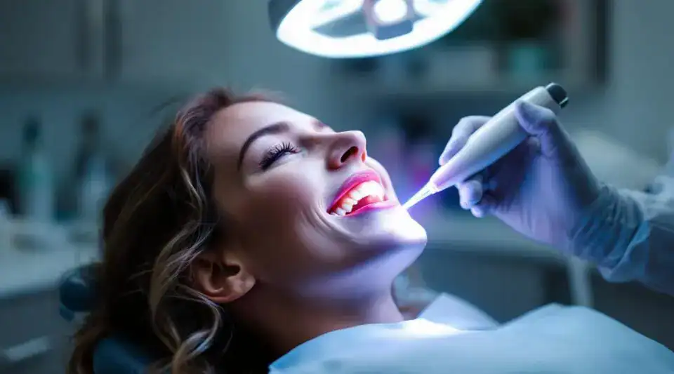 A warm, sunlit dental room at Willow Dental in Reading, showing a comfortable patient undergoing professional teeth whitening.