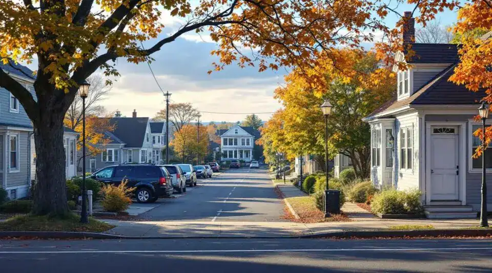 Photoreal street view of Woburn Street in Melrose near the commuter rail station, featuring Victorian-style architecture.