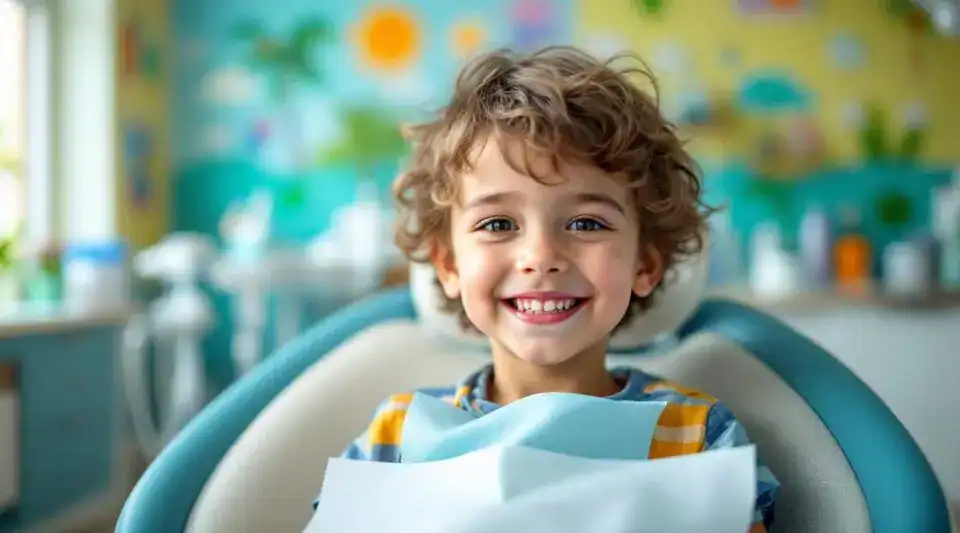 A friendly dentist showing a young child a dental mirror in a bright, warm Reading clinic, creating a reassuring mood.