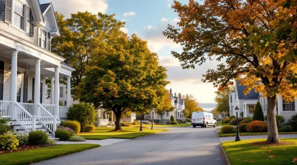 A serene morning view of a quiet Lynnfield residential street with mature trees and traditional New England architecture near the town center.