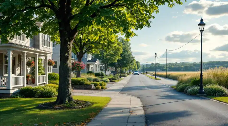 A peaceful morning view of 85 Woburn Street in Stoneham, featuring the brick architecture and nearby mature trees.