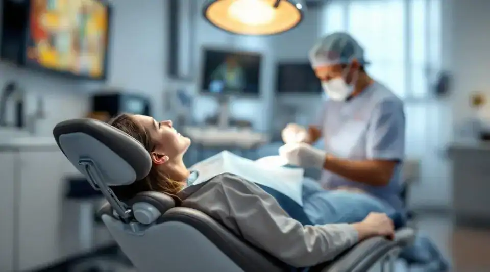 A warm, sunlit dental operatory in Reading with a modern dental chair and restorative setup, creating a calm atmosphere.