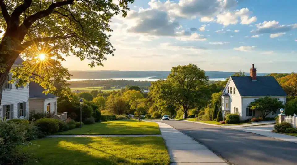 The North Reading town common during autumn, showing the historic meeting house and colorful New England foliage.