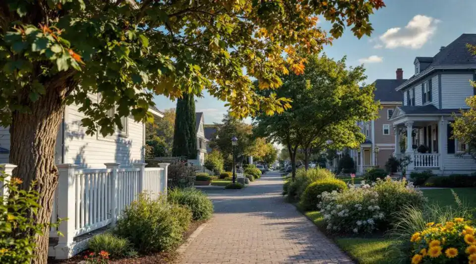 A peaceful morning view of Woburn Street in Burlington near the Route 128 corridor with suburban professional offices.