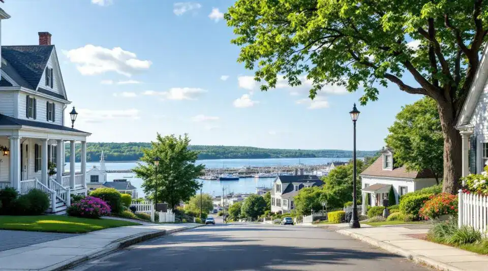 A peaceful morning view of Woburn Street in Wilmington, MA, showing local colonial-style architecture and mature trees.