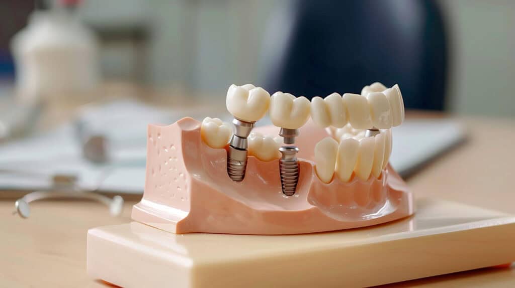 Dental implant model showing implant posts, abutments, and custom crowns for permanent tooth replacement in Reading, MA.