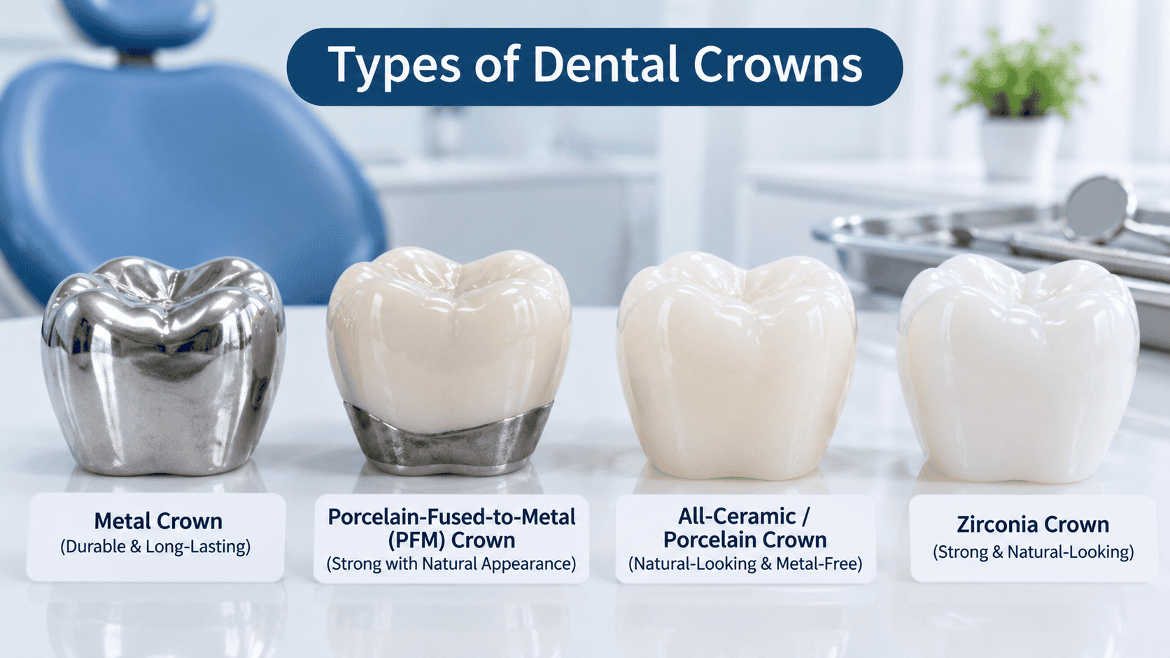 Dental crowns in Reading, MA showing metal, porcelain, ceramic, and zirconia crown options for tooth restoration.