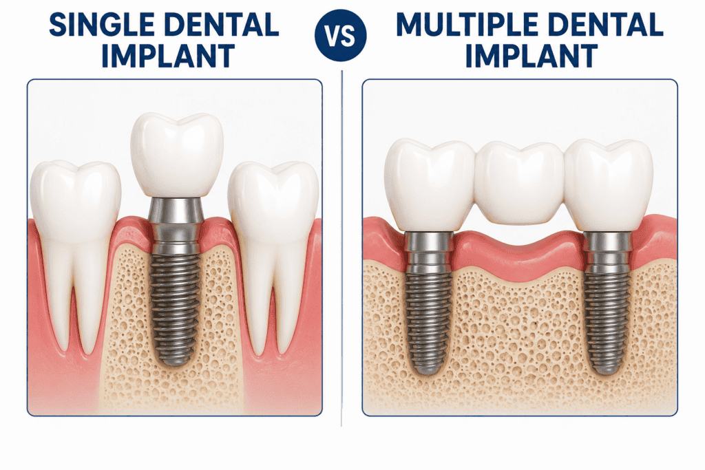 Single dental implant vs multiple dental implants comparison showing tooth replacement options for missing teeth.