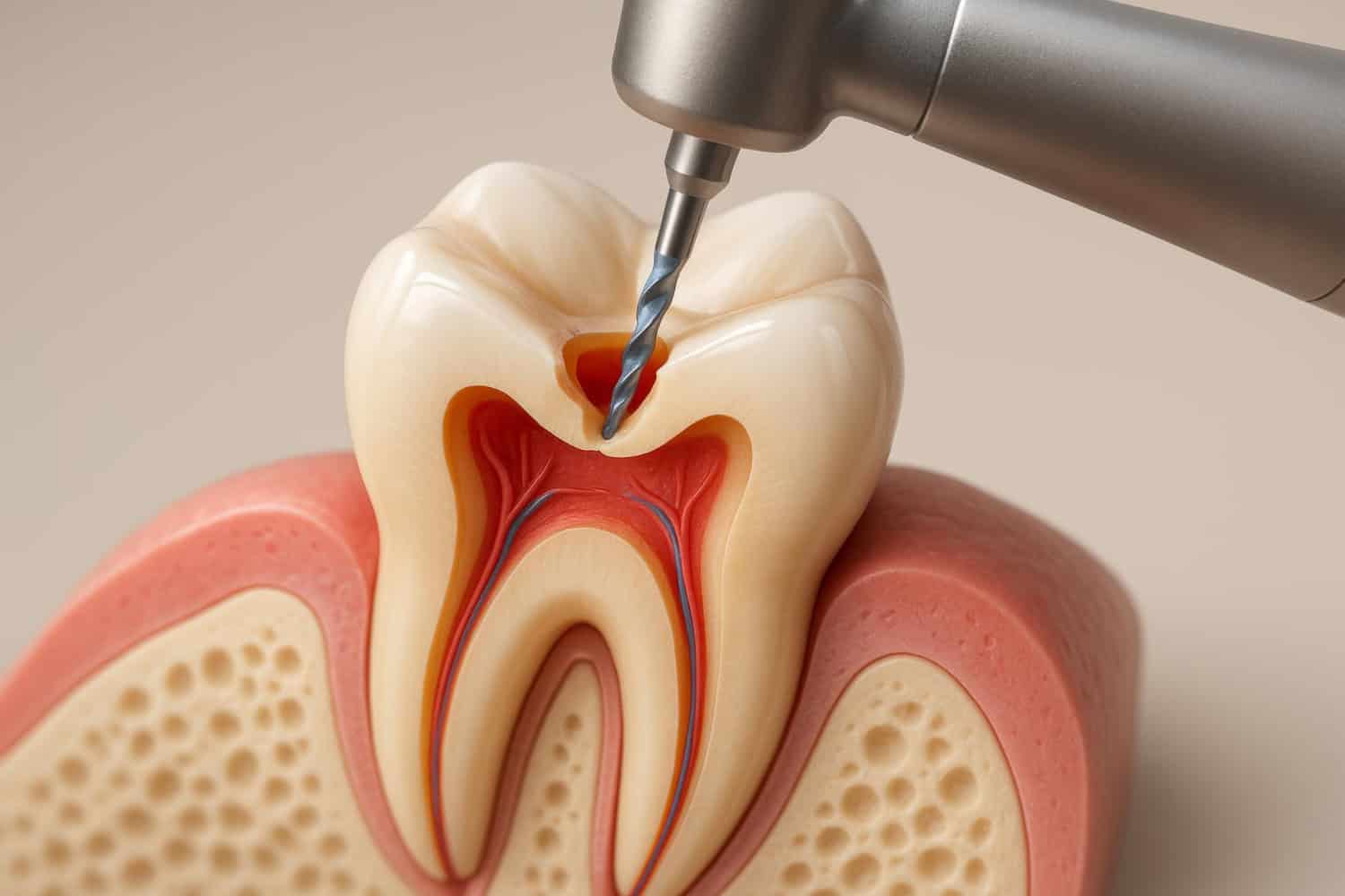 Root canal treatment showing a dental drill cleaning the infected tooth’s inner pulp chamber.