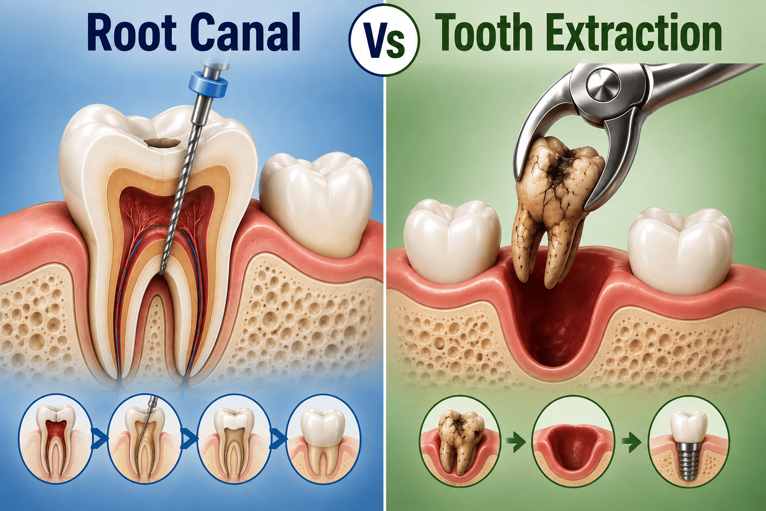 Root canal vs tooth extraction comparison showing dental treatment procedures and tooth restoration options.
