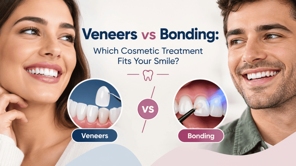 Veneers vs bonding comparison showing cosmetic dental treatments for improving a smile.